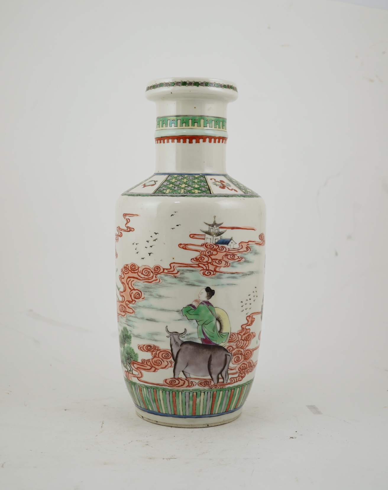 A Chinese famille rose rouleau vase, Kangxi mark, c.1900